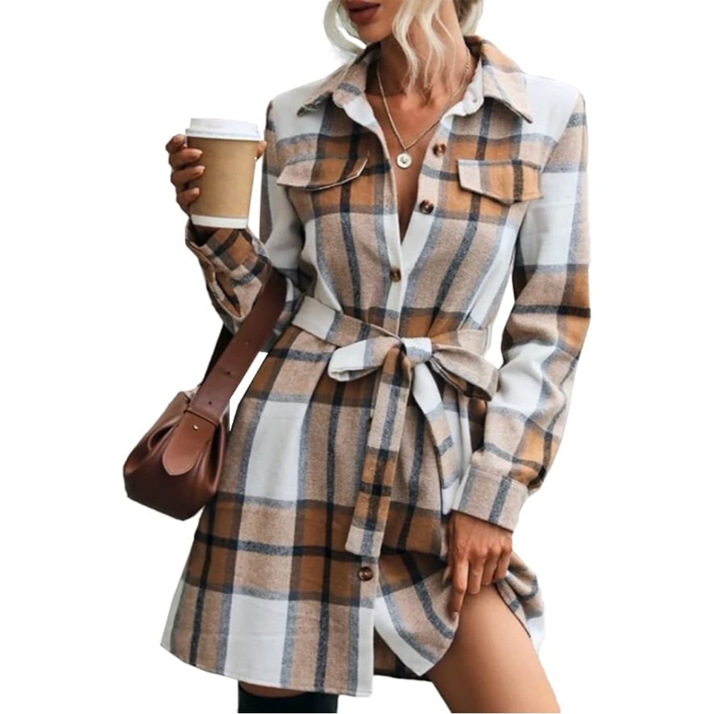 Chic Plaid Belted Shirt Dress Size M